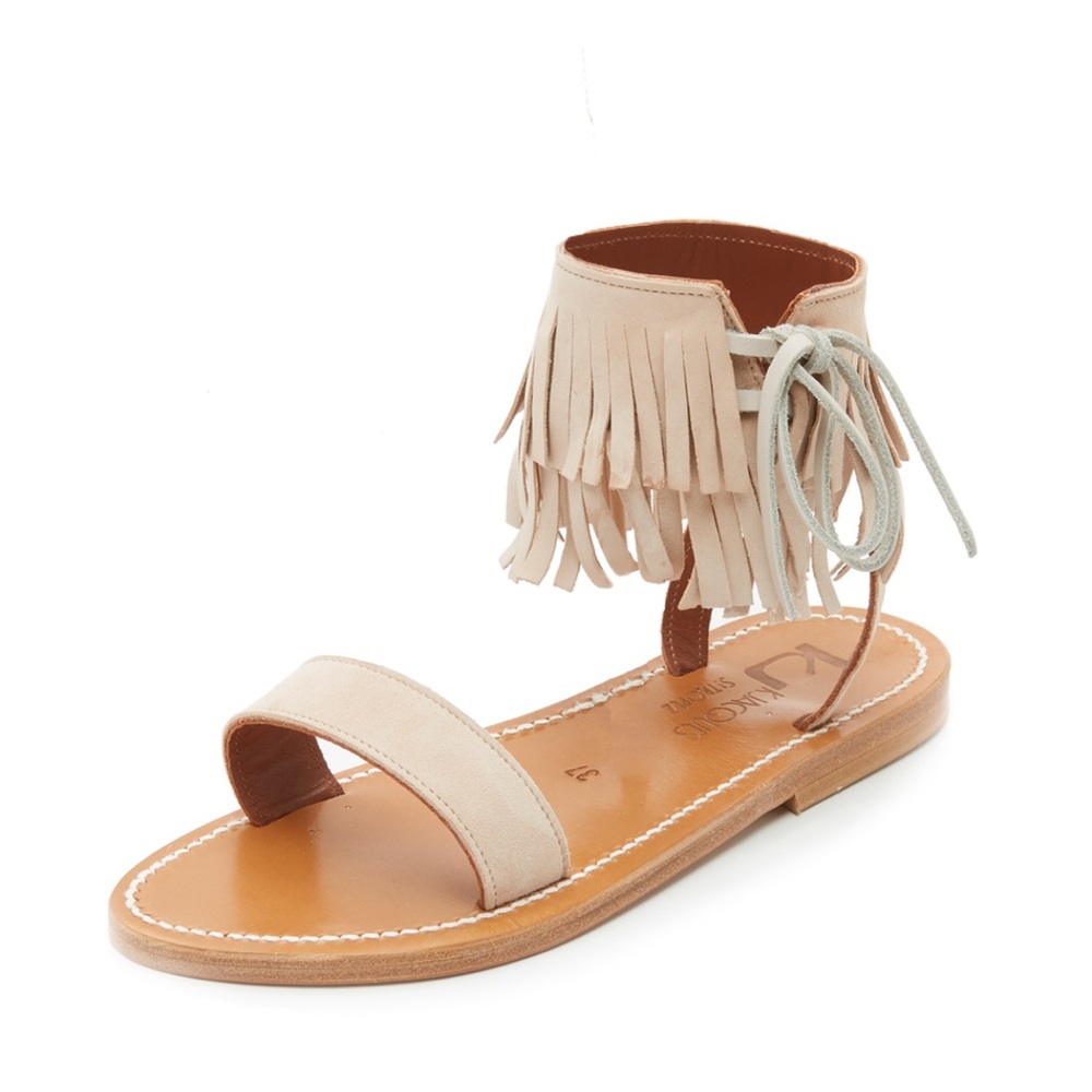 K. Jacques Saint Tropez Salambo Suede Fringe Cuff Flat Sandals 38 Nude Ankle Tie